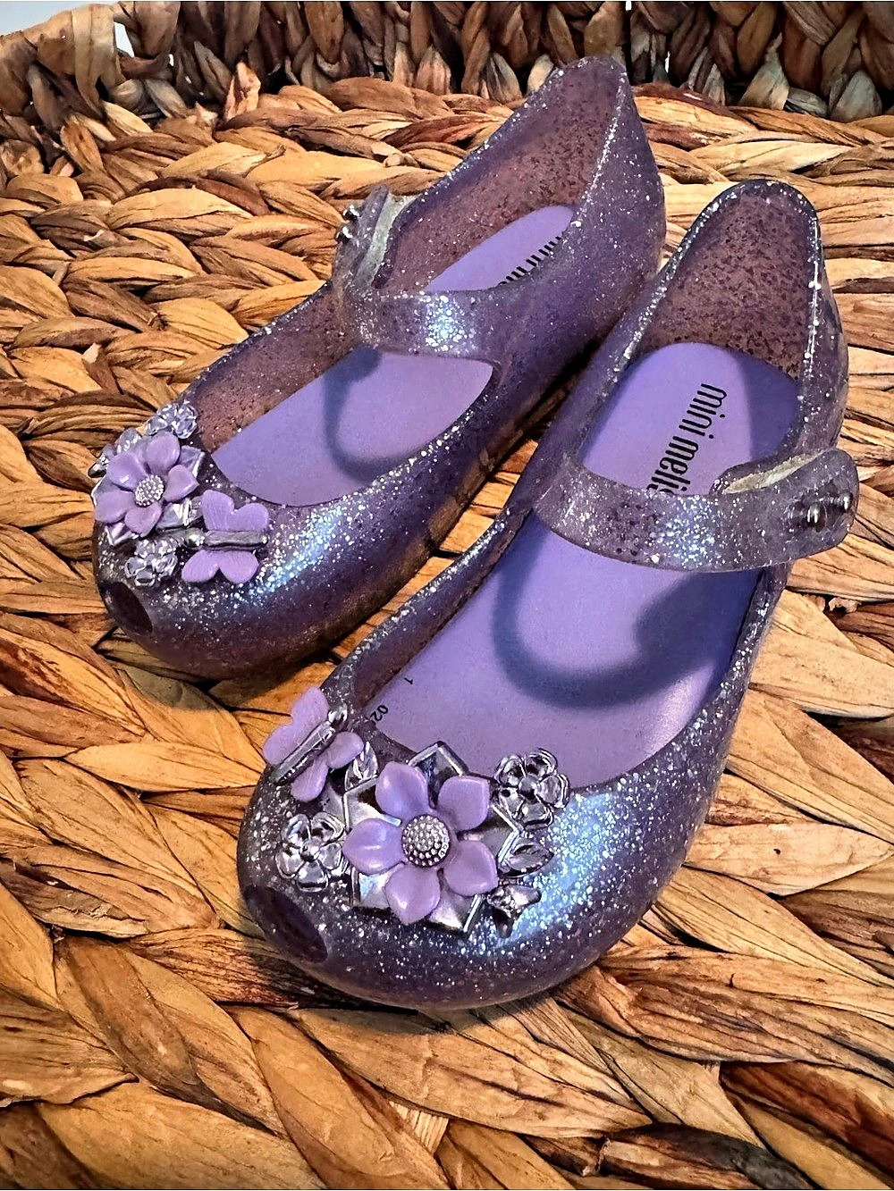 mini melissa Purple Glitter Flower Mary Jane Shoes